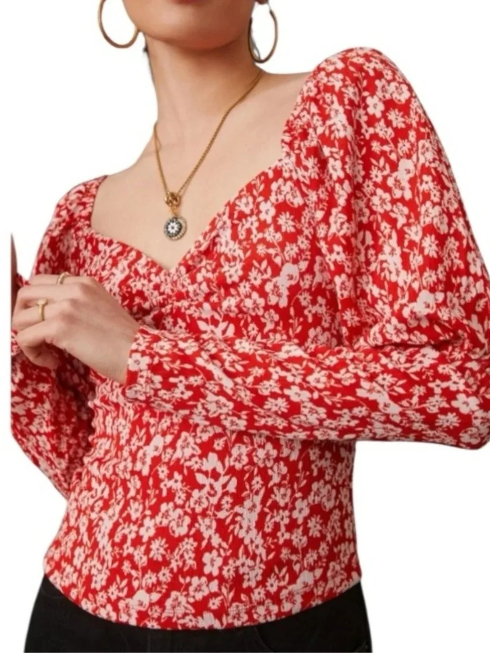 Anthropologie: Red Floral Square-Neck Puff Sleeve Top